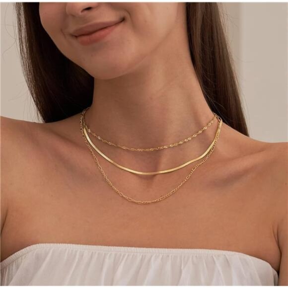 Gold Herringbone Necklace For Women,Layered Gold Necklaces,14k Gold Plated - Picture 4 of 7